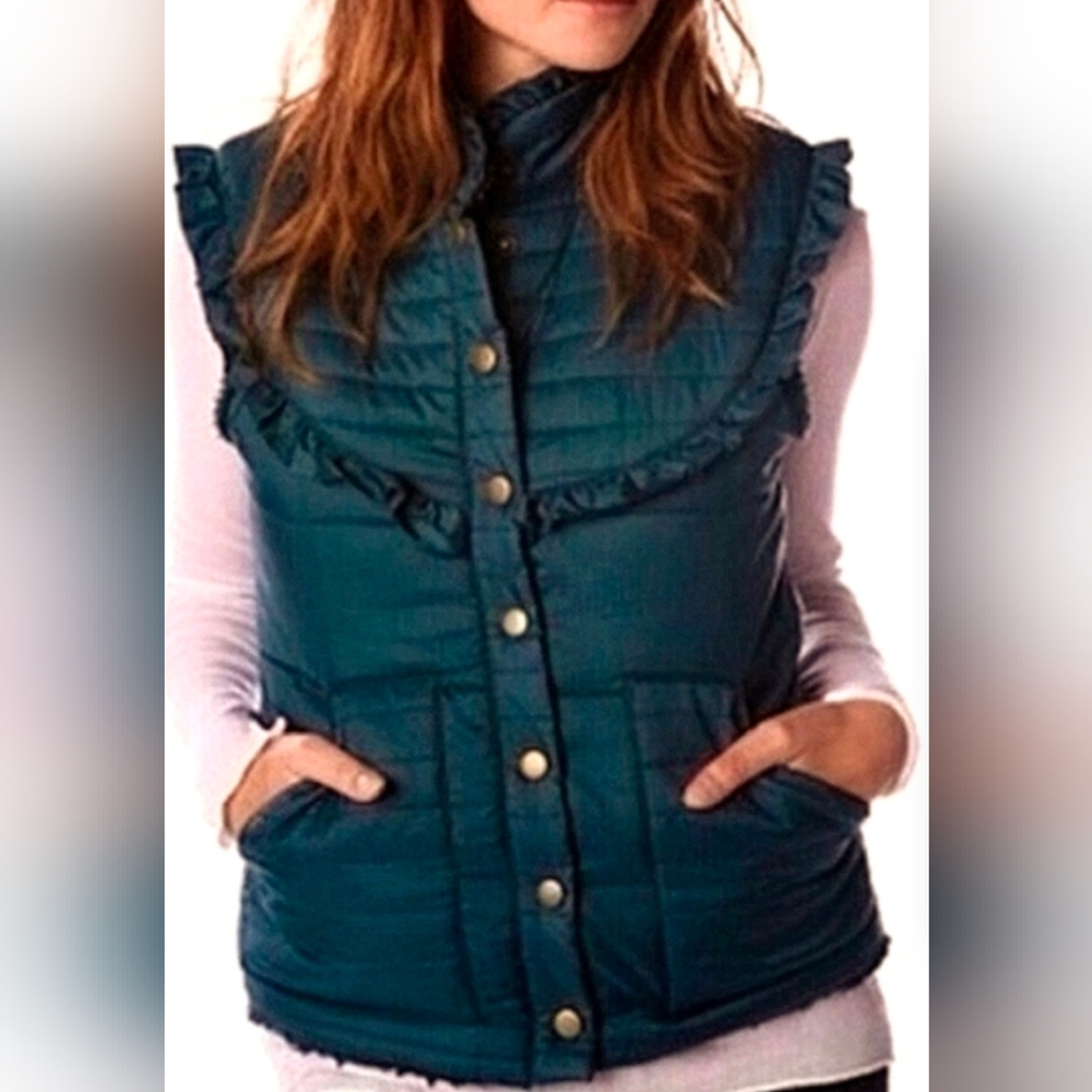 Free People Teal Quilted Ruffle-Trim Puffer Vest